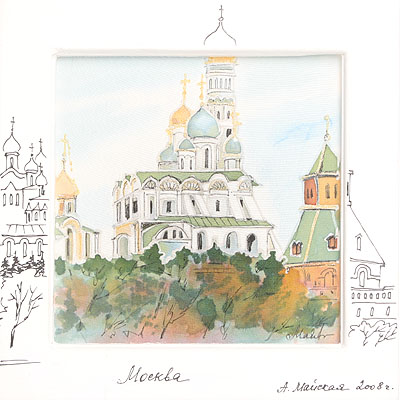 Колокольня - Авторский батик (15 х 15 см) Батик, Шелк 2008 г инфо 1531j.