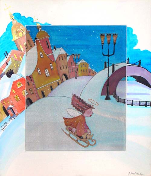 На санках с горы Авторский батик (36 х 40 см) Серия: Рождество (батик) инфо 6251j.