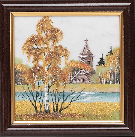 Картина из камня "Церковь и береза" Мрамор, янтарь, яшма, лазурит, диопсит Ручная работа (в зависимости от наличия камня) инфо 9443j.
