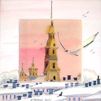 Панорама Петербурга: Закат Авторский батик (25 х 25 см) Батик, Шелк Размер: 25 х 25 см 2008 г инфо 4579e.